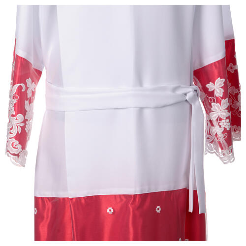White alb with red satin, cross lace and folds 11