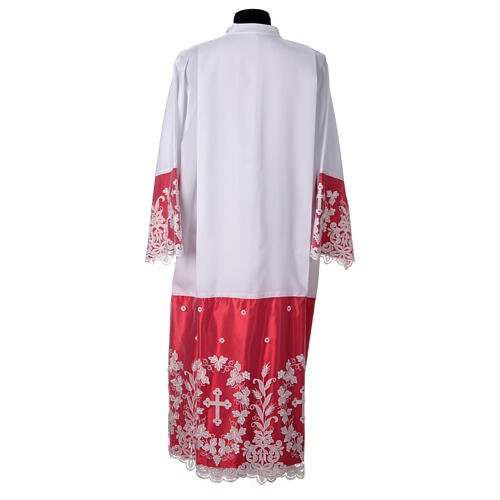 White alb with red satin, cross lace and folds 13