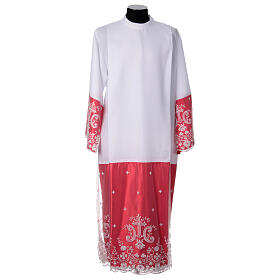 White alb with red satin border and lace, crosses and flowers, lateral pleats