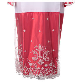 White alb with red satin border and lace, crosses and flowers, lateral pleats