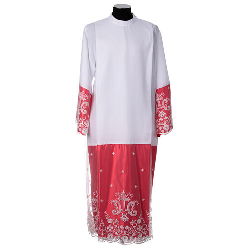 White alb with red satin border and lace, crosses and flowers, lateral pleats 1
