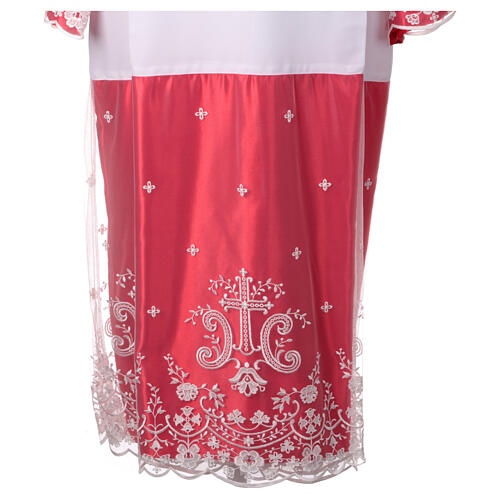 White alb with red satin border and lace, crosses and flowers, lateral pleats 2