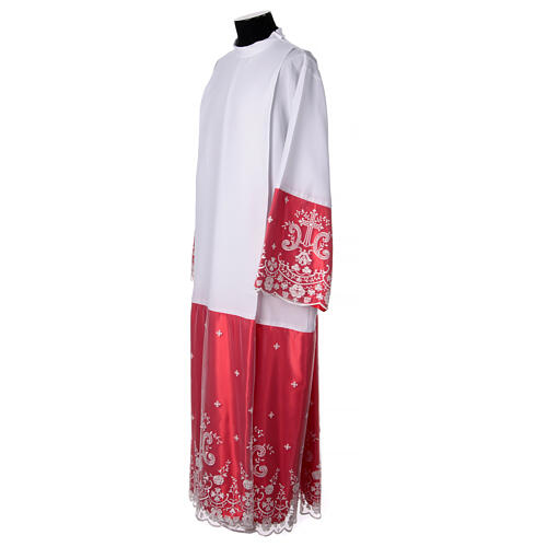 White alb with red satin border and lace, crosses and flowers, lateral pleats 5