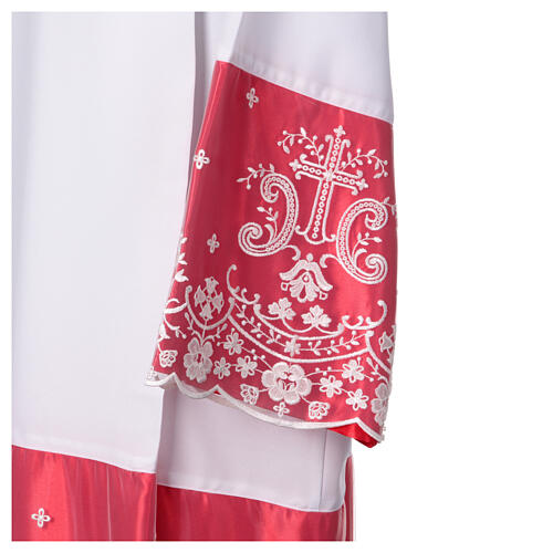 White alb with red satin border and lace, crosses and flowers, lateral pleats 6