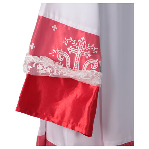 White alb with red satin border and lace, crosses and flowers, lateral pleats 7