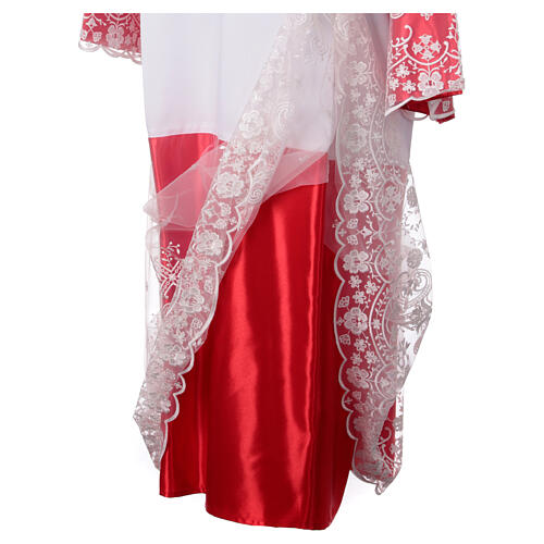 White alb with red satin border and lace, crosses and flowers, lateral pleats 8
