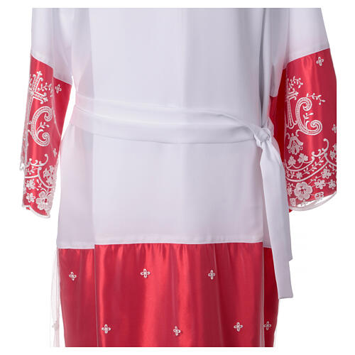 White alb with red satin border and lace, crosses and flowers, lateral pleats 9