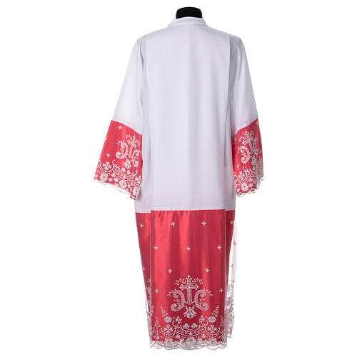 White alb with red satin border and lace, crosses and flowers, lateral pleats 12