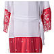 White alb with red satin border and lace, crosses and flowers, lateral pleats s9
