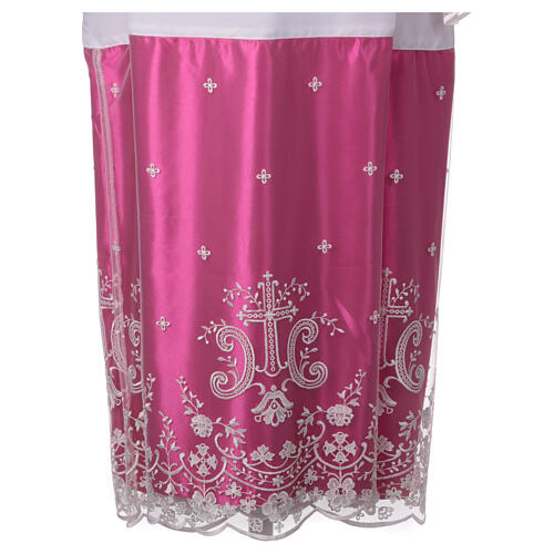 Alb with purple satin border and lace, crosses and flowers, lateral pleats 2