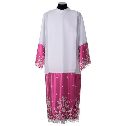 Purple white alb with lace crosses and flowers in polyester 1