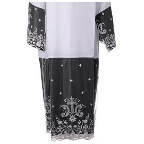 Alb with black satin border and lace, cross and floral pattern, lateral pleats