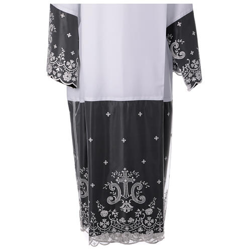 Alb with black satin border and lace, cross and floral pattern, lateral pleats 2