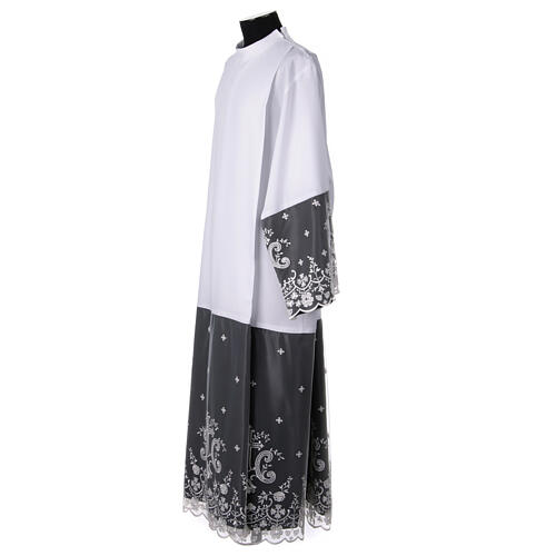 Alb with black satin border and lace, cross and floral pattern, lateral pleats 4