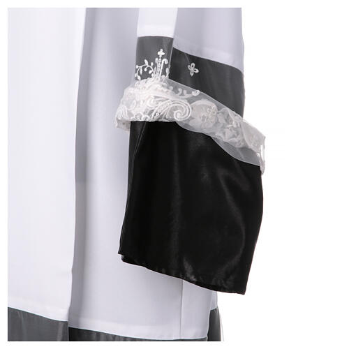 Alb with black satin border and lace, cross and floral pattern, lateral pleats 6