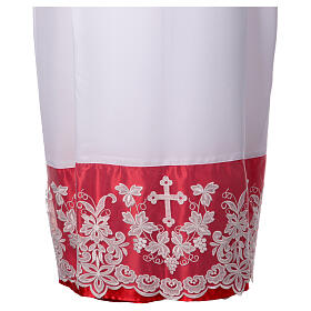 Alb with red satin border and lace, cross and vines, lateral pleats
