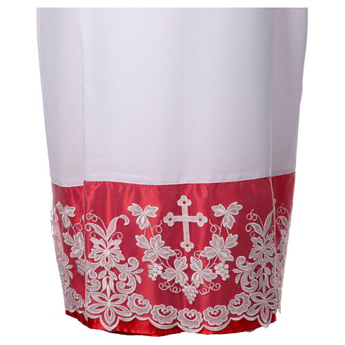 Alb with red satin border and lace, cross and vines, lateral pleats 2