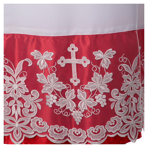 Alb with red satin border and lace, cross and vines, lateral pleats 3