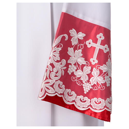 Alb with red satin border and lace, cross and vines, lateral pleats 5