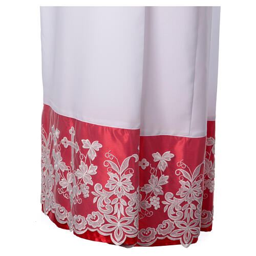 Alb with red satin border and lace, cross and vines, lateral pleats 7
