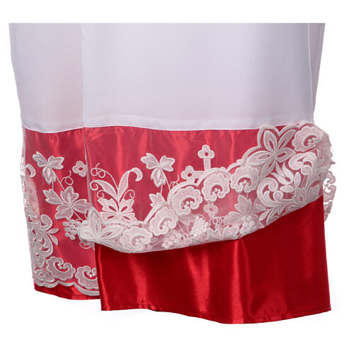 Alb with red satin border and lace, cross and vines, lateral pleats 8