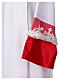Alb with red satin border and lace, cross and vines, lateral pleats s6