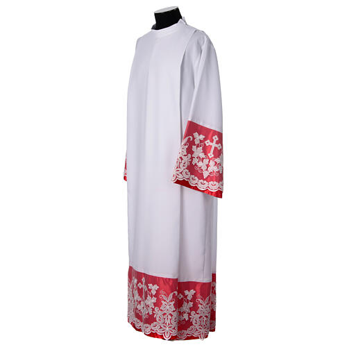 Red satin alb with folds and cross lace 4