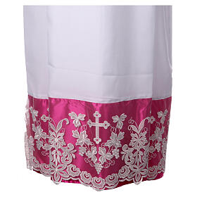 Alb with purple satin border and lace, cross and vines, lateral pleats