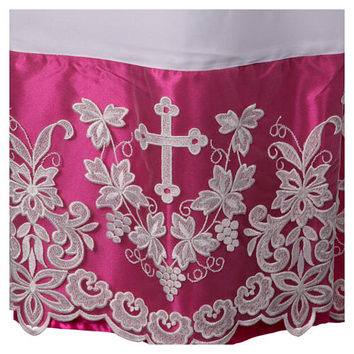 Alb with purple satin border and lace, cross and vines, lateral pleats 3