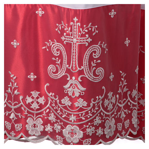 Alb with lace and red satin border, crosses and flowers, lateral pleats 3