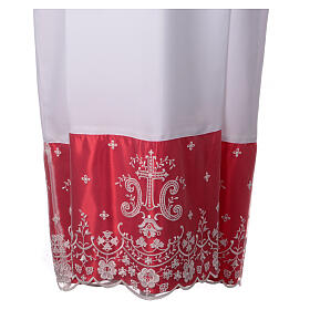 Red satin alb with lace crosses and flowers in white polyester