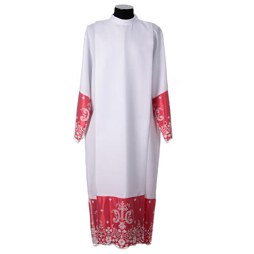 Red satin alb with lace crosses and flowers in white polyester 1