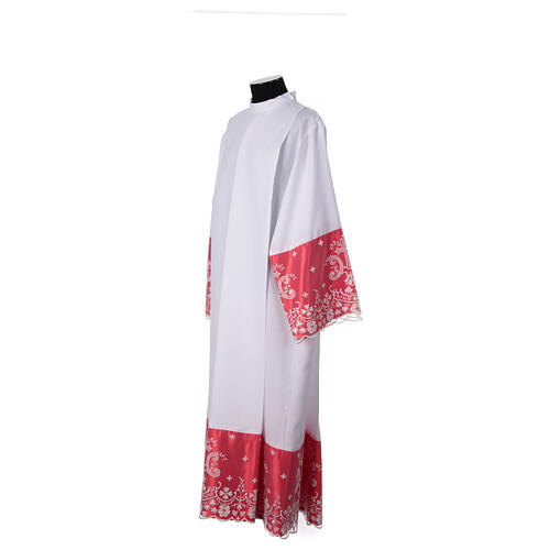 Red satin alb with lace crosses and flowers in white polyester 4