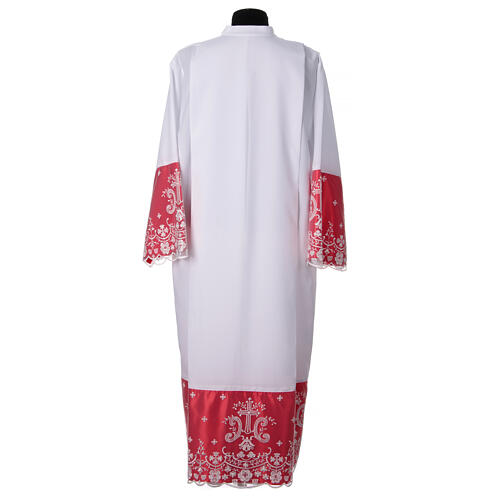 Red satin alb with lace crosses and flowers in white polyester 9
