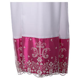 Alb with lace and purple satin border, crosses and flowers, lateral pleats