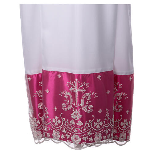 Alb with lace and purple satin border, crosses and flowers, lateral pleats 2