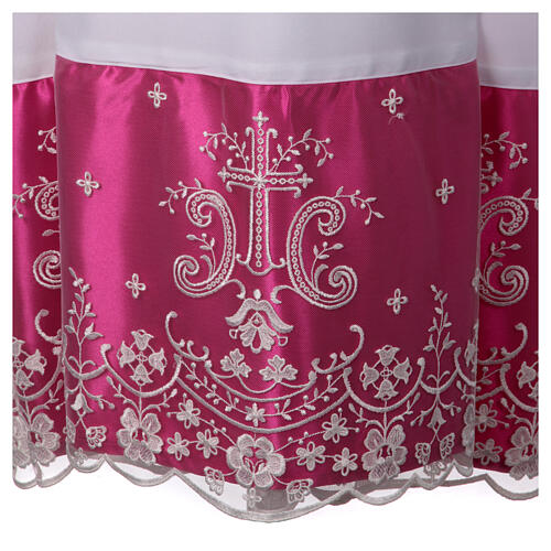 Alb with lace and purple satin border, crosses and flowers, lateral pleats 3