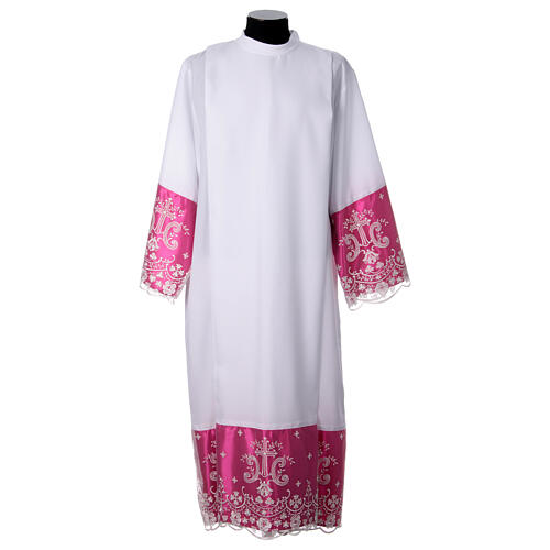 Purple sleeved alb with lace flowers and crosses in white polyester 1