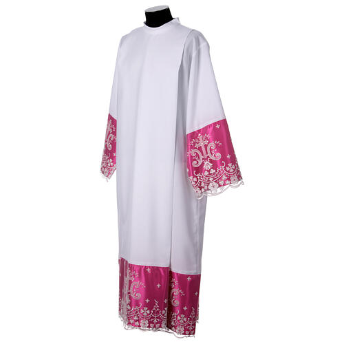 Purple sleeved alb with lace flowers and crosses in white polyester 4