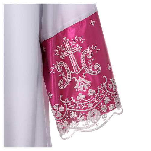 Purple sleeved alb with lace flowers and crosses in white polyester 5