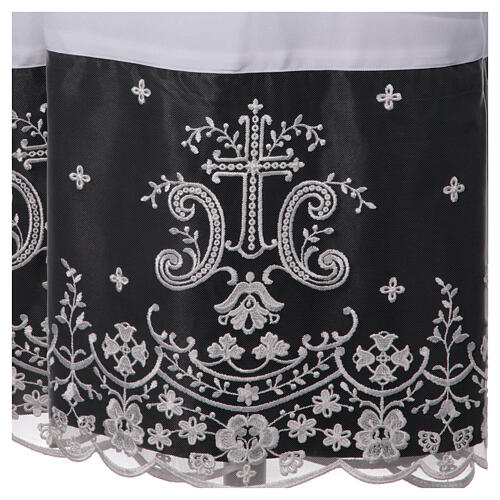 Alb with lace and black satin border, crosses and flowers, lateral pleats 3