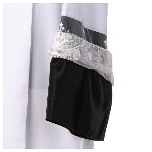 Alb with lace and black satin border, crosses and flowers, lateral pleats 6