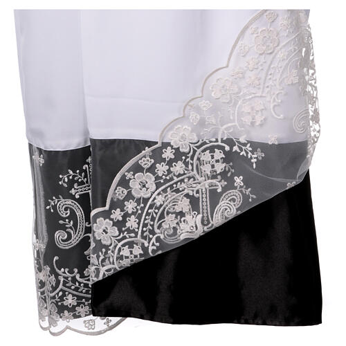 Alb with lace and black satin border, crosses and flowers, lateral pleats 7