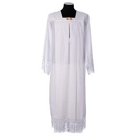 White cotton blend alb with folds and macrame lace and golden hook