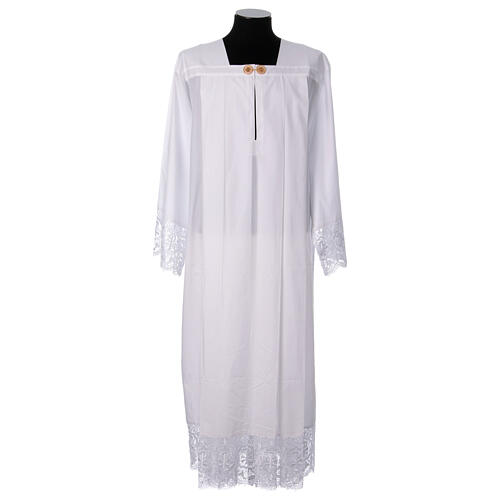 White cotton blend alb with folds and macrame lace and golden hook 1