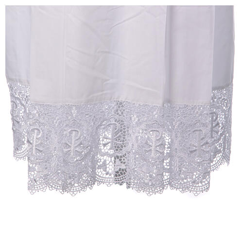 White cotton blend alb with folds and macrame lace and golden hook 2