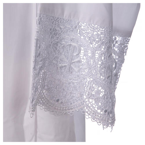 White cotton blend alb with folds and macrame lace and golden hook 3