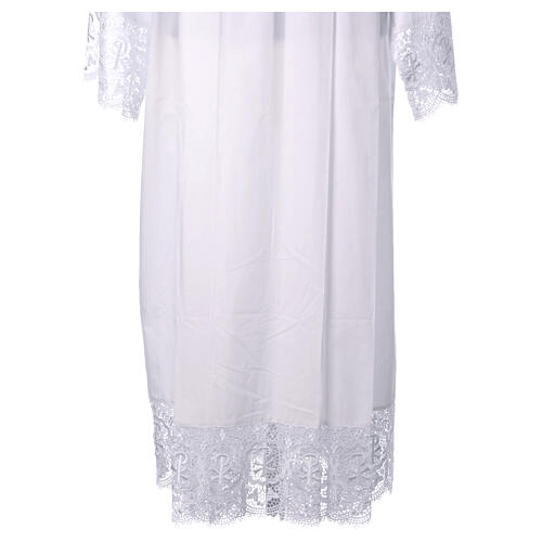 White cotton blend alb with folds and macrame lace and golden hook 7