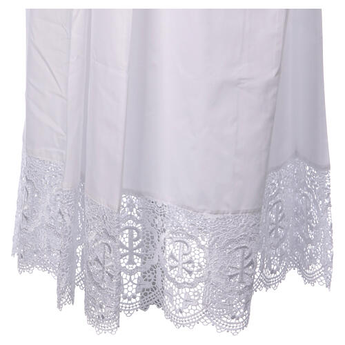 White cotton blend alb with folds and macrame lace and golden hook 8