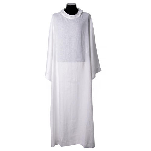 Aube sacerdotal monastique pure lin blanc capuche pointue 1